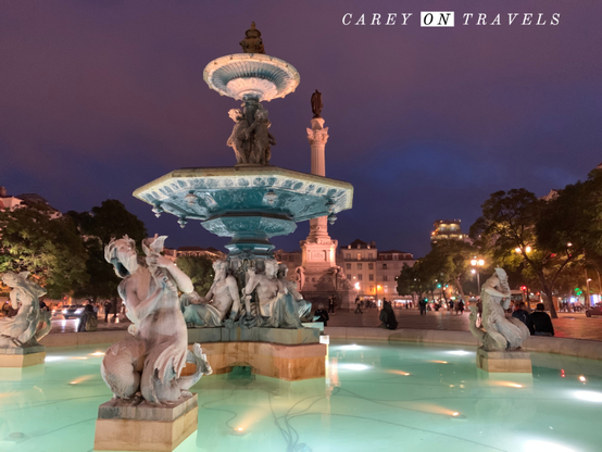 Rossio Square Fountains at Night in Lisbon