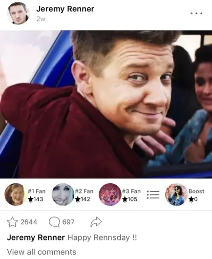 Jeremy Renner on the Jeremy Renner App saying "Happy Rennsday !!" with a picture of Jeremy Renner sort of smirking at the camera