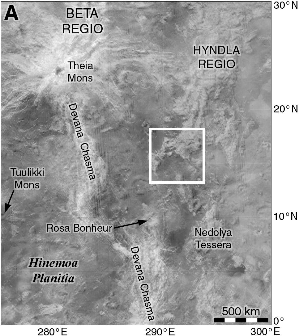 A map showing the landing area of Venera 10 in 1975. The site is southeast of Beta Regio in an area which was essentially unknown at the time but now seen (in Magellan data) to consist of mixed bright and dark - rough and smooth - patches. What kind of landscape did Venera 10 land in?