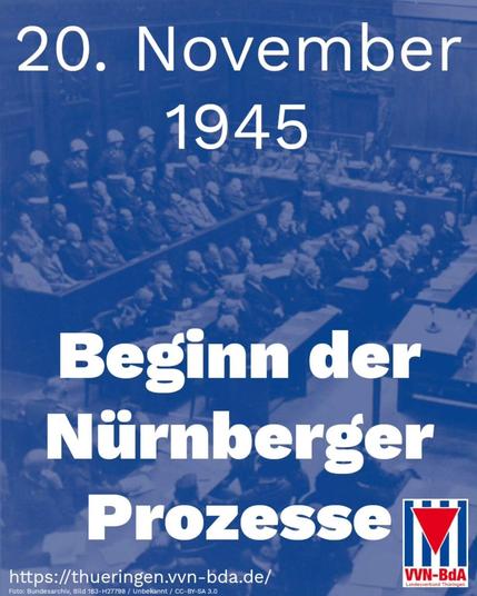 Sharepic: 20. November 1945 - Beginn der Nürnberger Prozesse
Das Hintergrundbild zeigt die Anklagebank mit den Hauptangeklagten des NS-Regimes.