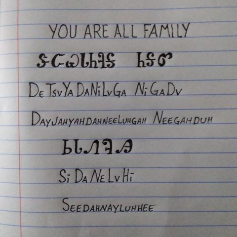 Image is line paper with writing showing an English word followed by how it is written in the Cherokee language followed by how it is spelled and pronounced. The words are you are all family and pronounced dayjahyahdahneeluhgah neegahduh seedahnayluh-hee
