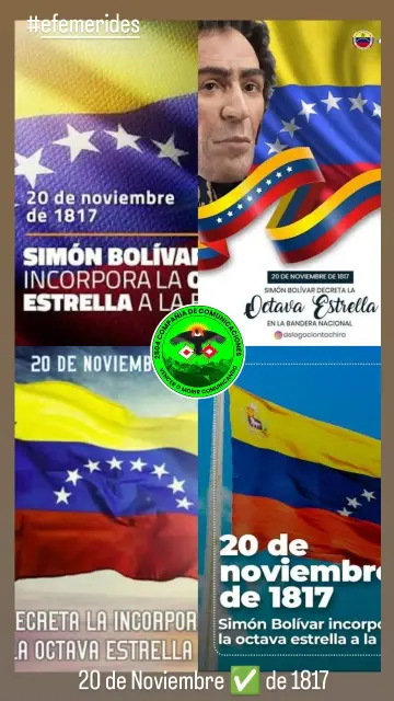 20 de noviembre de 1817, el Libertador Simón Bolívar decretó la incorporación de la octava estrella en la Bandera Nacional de Venezuela, en el Palacio de Angostura.
[20/11 6:48] David De Avila: Este decreto se realizó en honor a la provincia de Guayana, que había sido liberada del dominio español a finales de 1816 y se unía así a las siete provincias originales que firmaron el Acta de Independencia en 1811 (Caracas, Cumaná, Barinas, Margarita, Barcelona, Trujillo y Mérida). 

El objetivo de esta medida era unificar a la joven república independiente. El texto del decreto señalaba: "Habiéndose aumentado el número de las provincias que componen la República de Venezuela, por la incorporación de la Guayana decretada el 15 de octubre último, decreto: Artículo único. A las siete estrellas que lleva la Bandera Nacional de Venezuela, se añadirá una octava estrella, como emblema de la provincia de Guayana, para que de este modo se representen en ella todas las provincias que componen la República".