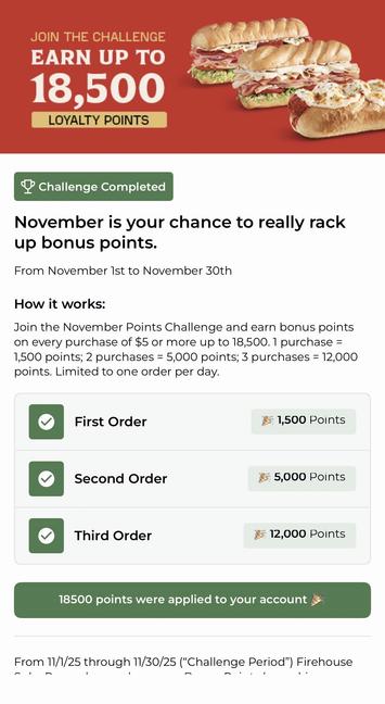 A screenshot from the Firehouse Subs app showing that I’ve completed the loyalty point challenge and earned 18,500 points—more than enough for a large sub.