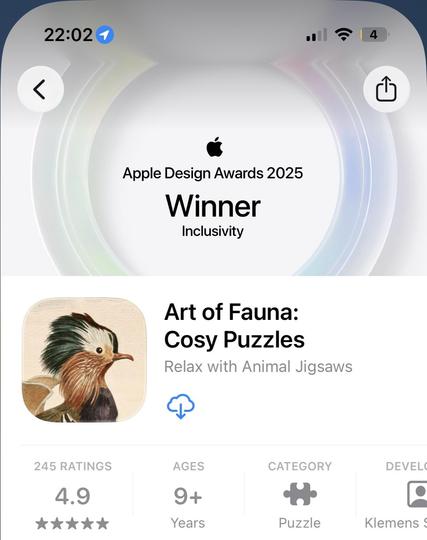 Screenshot of Art of Fauna in the App Store. It shows a header that says "Apple Design Awards 2025, Winner, Inclusivity"
