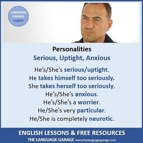 English vocabulary for describing people's personalities, image of a man with a serious look on his face