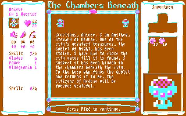 Amithew, Steward of Nedrae, receives Aniere the Warrior at court. The Steward tells Aniere of the Goblet of Might, a great treasure of the city that has been stolen. Goblets may be found in the deeper levels of the dungeon. Goblets that are not the Goblet of Might can be sold to the Merchant to fund more useful equipment. A goblet is enlarged in the inset.