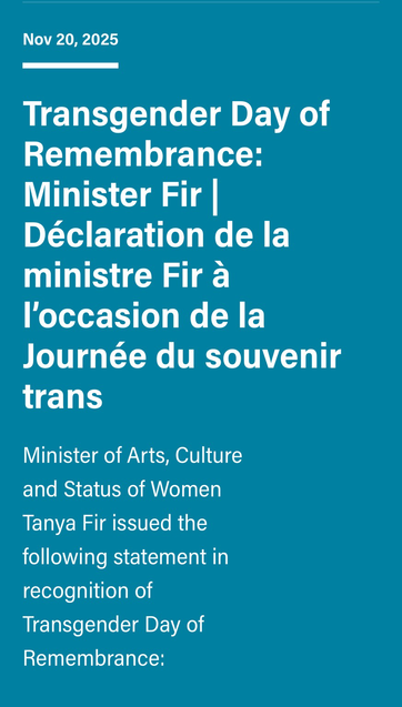 Duplicitous statement from Minister Fir on Transgender Day of Remembrance. 