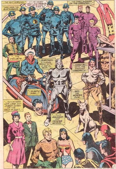 A gathering of various DC heroes from the late 1950s. Art by Dick Dillin.