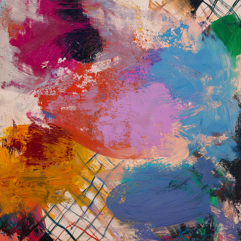 This abstract painting is full of sweeping, layered textures that feel like a burst of motion frozen on the canvas. Wide brushstrokes of lavender, turquoise, coral red, and warm mustard yellow overlap and blend, creating an energetic storm of color. The pink-purple patch near the center blends into a bright red cloud, while bold teal and sky-blue strokes fan outward on the right. In the lower portion, there’s a faint crisscross pattern—thin, dark intersecting lines—that echoes a loose grid. It’s subtle, but it brings structure to the otherwise freeform composition. The overall feeling is lively and dynamic, almost like wind pushing pigment across a surface.