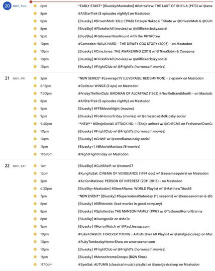 Watch party event listings for THU-SAT, Nov. 20-22