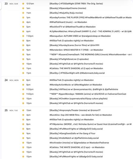 Watch party event listings for SUN-TUE, Nov. 23-25