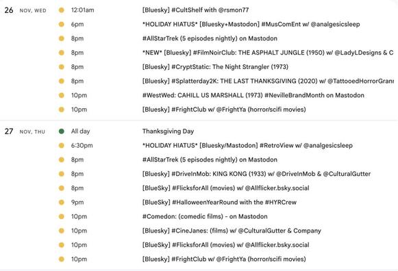 Watch party event listings for WED-THU, Nov. 26-27