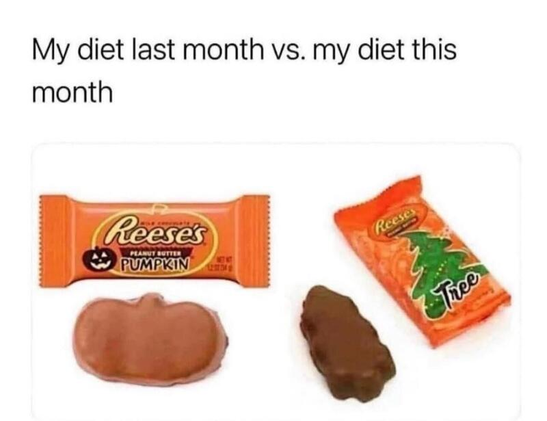 My diet last month vs. my diet this month.
(On the left, a Reese's peanut butter pumpkin. On the right, a Reese's peanut butter christmas tree)
