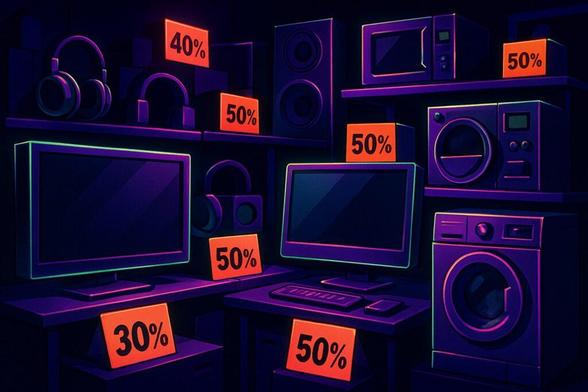 Ilustracja przedstawiająca sklep z elektroniką w czasie promocji przed Black Friday.