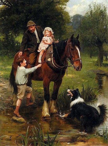 A bearded man on a horse with a little girl already seated in front of him is leaning down and offering his hand to a small boy  standing on a rock as he tries to climb up onto the horse's back. The horse is a bright bay with a white blaze on its face and a black mane and seems to be a plough horse as it is wearing a heavy duty neck harness but no saddle. It has white feathers over its hooves. A farm dog of the collie type is standing in front of the horse, panting and wagging its tail. The bearded man is in a jacket and breeches with a soft hat. Both children appear much better dressed. The girl is in a sort pink dress and bonnet with white socks and white shoes. The boy is in a Peter Pan-collared blouse with tan breeches, brown socks and brown shoes. The landscape is very green and rural. The horse is standing beside a stream. Image by Arthur John Elsley (1860-1952) from Wikimedia Commons.
