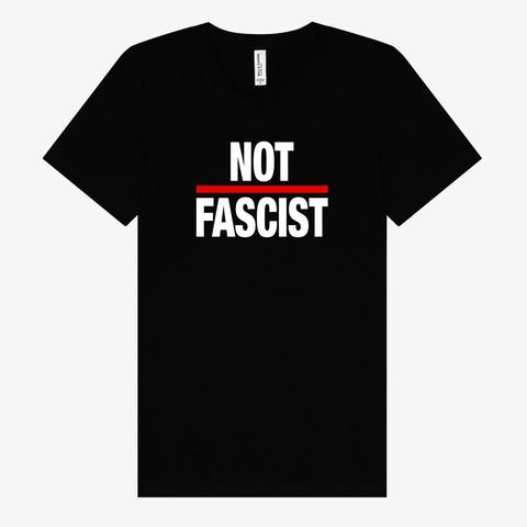 Black Bella & Canvas crew neck t-shirt with text that says, “Not Fascist”.  