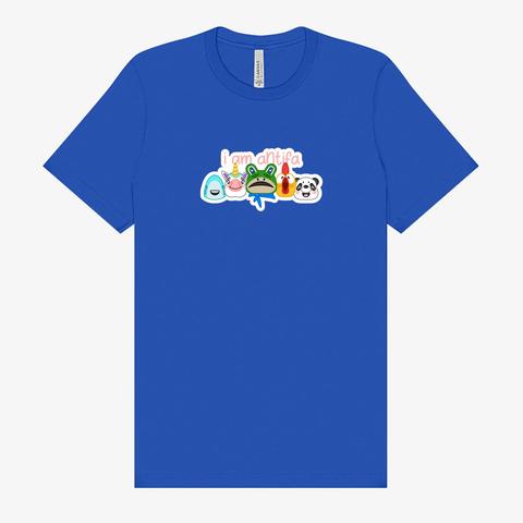 Royal blue Bella & Canvas crew neck t-shirt with an image that says, “I am antifa” with the Portland frog head and other inflatable heads. 