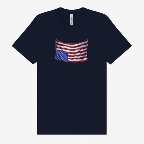 Navy blue Bella & Canvas crew neck t-shirt with an image of the American flag upside down, indicating our country is in distress. 
