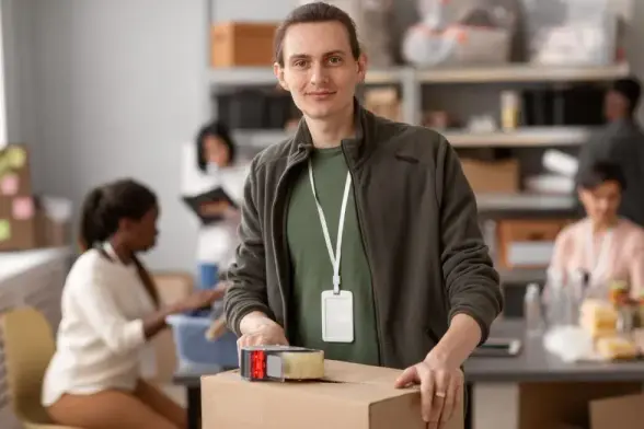 A smiling young man with long hair tied back stands in the foreground of a busy volunteer packing room. He wears a green t-shirt, dark fleece jacket, and a white lanyard with ID badge. He tapes a cardboard box shut with a handheld dispenser. Behind him, out of focus, several diverse volunteers sort and pack supplies on tables lined with boxes, jars, and bags. The atmosphere is organized and purposeful, suggesting humanitarian aid preparation.