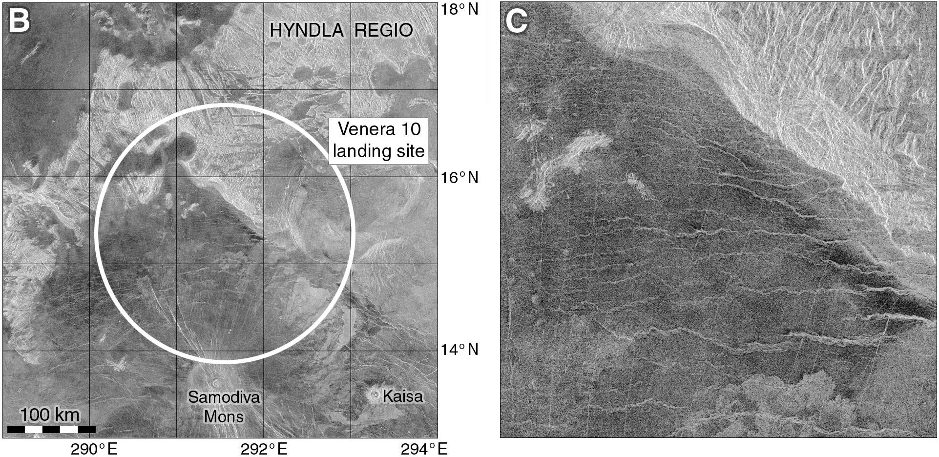 Two maps of the Venera 10 landing site. At left a context map shows bright and dark areas, the bright parts being a hilly area cut by many faults and the dark areas being smoother surfaces probably covered with sediments. A mountain in the south part of the map is a volcano, and flows extend from it to the north and east. Venera 10 could have landed anywhere in a 300 km diameter circle filling much of the map. At right the central part of that landing region is shown in more detail revealing plains cut by ridges and fractures, and part of the hilly area.