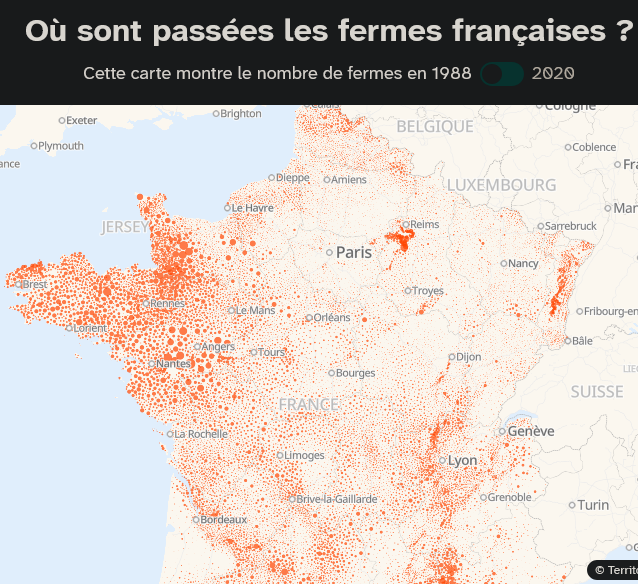 Cette carte montre le nombre de fermes en 1988 