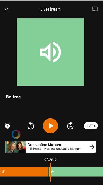 Screenshot der Radioeins APP, timeline bis 7:09 zurückgescrollt
