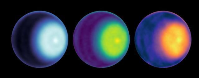 NASA scientists have made the first observation of a polar cyclone on Uranus. Using radio antenna dishes of the Very Large Array in New Mexico, they were able to peer below the methane clouds and determine there is circulating air at the planet's north pole that is warm and dry.

These images were generated using the microwave observations – from left, in wavelength bands K, Ka, and Q. The average brightness was removed to enhance the contrast, and three different color maps were used to highlight various features. The cyclone is visible at the north pole, seen as a light-colored dot right of center in each image of Uranus.

The observations used to generate these images were made in October 2021.