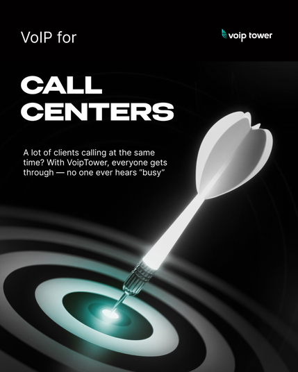 “Promotional graphic for VoipTower showcasing VoIP solutions for call centers. A glowing dart hits the center of a target, symbolizing precision and high call throughput. The text highlights that VoipTower ensures all client calls get through without busy signals.”