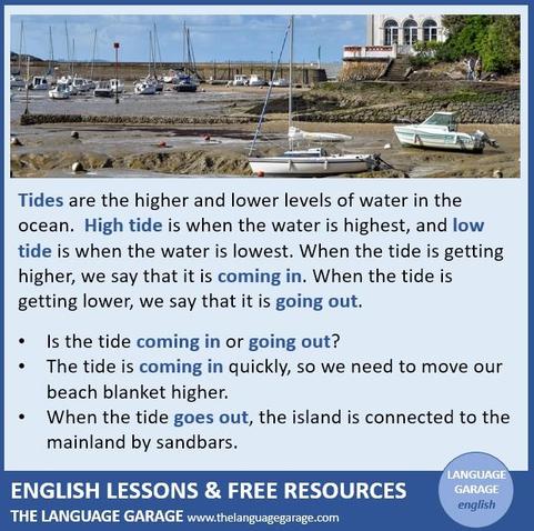 English verbs that describe water, examples with the tide coming in or going out, image of a harbor at low tide