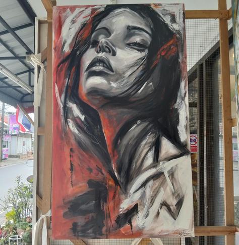 a painting of a woman seen from her chest up, she is looking to the left of the viewer with a weary expression her form and the background are defined by large slashes of white and black and red paint