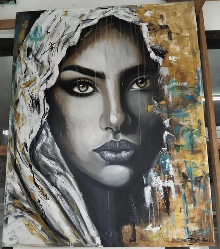 a painting of a woman with a white veil on, looking at the viewer, one of her eyes is colored amber, she is seen from the bottom of her neck up, a cool and relaxed expression on her face