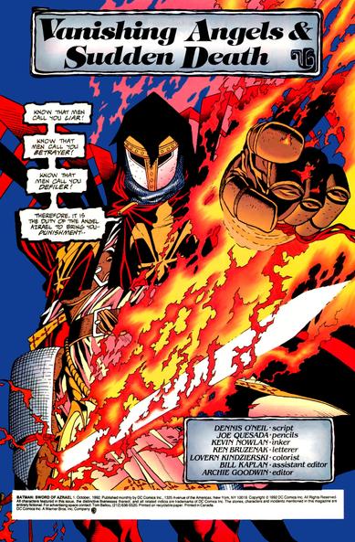 the 1st page of the comic book,  of azrael holding his flaming sword, pointing at the viewer and screaming at him, the title at the top reads 'vanishing angels and sudden death' 
