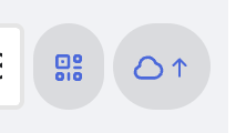 Two circular gray buttons on a light background: left button shows a blue QR-code icon, right button shows a blue cloud with an upward arrow (upload) icon.