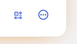 Two small blue icons on a white rounded-corner panel over a gray background. First is the QR code icon, second is the "More" icon.