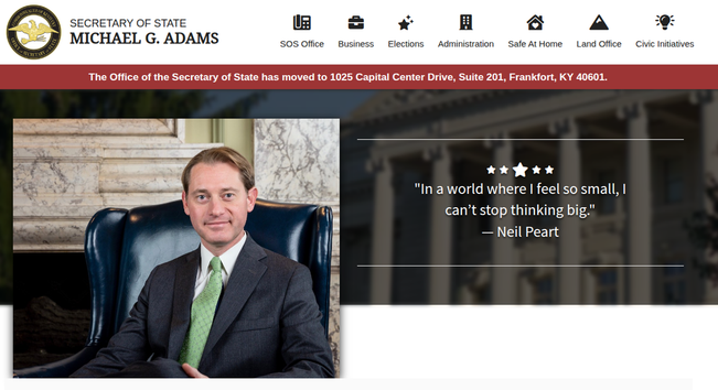 The government website for Kentucky Secretary of State Michael Adams includes a quote from Neil Peart of Rush: "In a world where I feel so small, I can't stop thinking big", from "Caravan" on Rush's "Clockwork Angels" release...