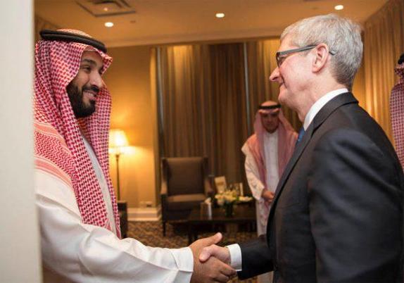 Apple CEO Tim Cook shaking hands with Saudi Crown Prince Mohammed bin Salman on 11/18/25.    