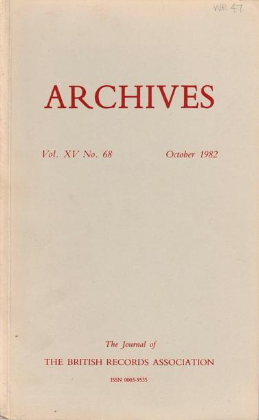 The front cover of Archives: The Journal of the British Records Association No 68 for October 1982. Plain pale grey with titrle in deep red.