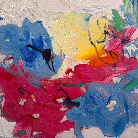 This piece is a burst of pure, energetic color — a kind of emotional weather system made of thick, sweeping paint. Heavy impasto strokes in hot magenta, coral red, and deep blue swirl across the canvas, creating a sense of motion like a current pulling in different directions. The center glows with buttery yellow and soft cream, almost like a pocket of light breaking through the storm of color. Loose, sketch-like black marks dance over the surface — not forming figures or objects, but adding contrast and rhythm, like punctuation in an otherwise flowing visual language. Everything feels layered, spontaneous, and tactile, with each brushstroke visible and intentional.
