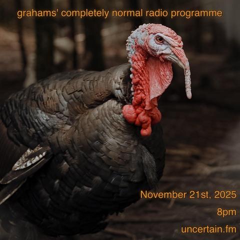 A close up of a turkey, floor of the woods behind it.

Orange text overlaid promoting a radio show, details in the main post.