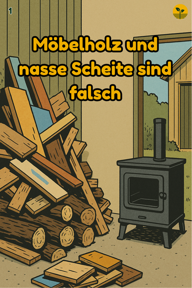 Gemischter Holzstapel mit Möbelteilen, Spanplatten und nassen Scheiten direkt neben einem Kaminofen