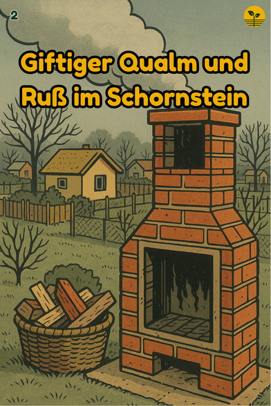 Aufgeschnittener Schornstein voller Ruß und Teer, über einer Gartensiedlung hängt eine graue Rauchwolke