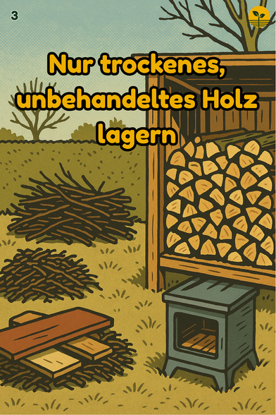 Luftiger Holzunterstand mit sauber geschichtetem trockenem Holz, lackierte Bretter liegen getrennt im Sperrmüllbereich