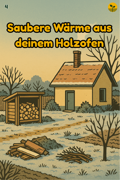 Winterlicher Garten mit sauber brennendem Ofen und klarer Luft, gestapeltes trockenes Holz wartet im Unterstand