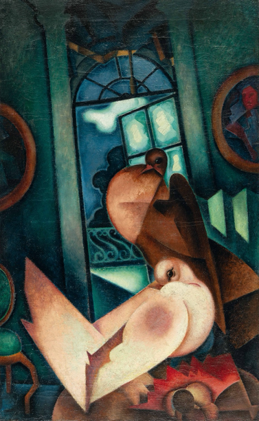German expressionist painting Portrait of two plump pigeons (one brown and one cream) posed in front of an open window
