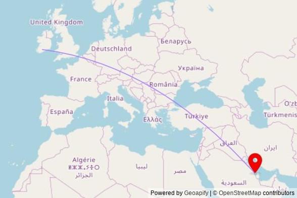 A map showing the great circle route from County Cork in Ireland to a map pin at Sheikh Nasser Bicycle Loop Mosque, Sheikh Nasser Bicycle Loop, Bahrain