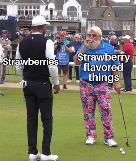 A photo of golfers Tiger Woods and John Daly on a golf course.

Left: Tiger Woods is seen from behind, wearing professional black attire. He is labeled "Strawberries".

Right: John Daly is facing the camera, wearing bright pink flamingo-patterned trousers, a blue shirt, and sunglasses while smoking a cigarette. He is labeled "Strawberry flavored things".