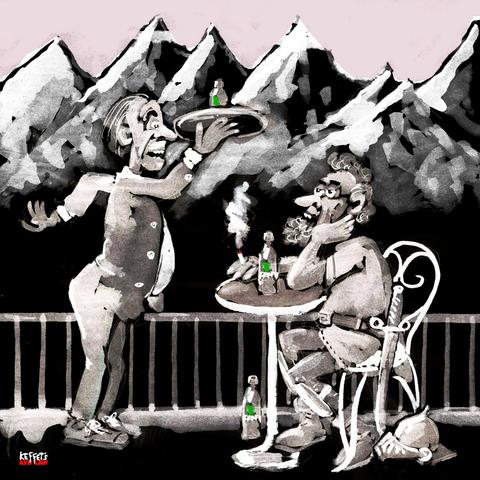 Cartoon. Vor einem Alpenpanorama sitzt Hannibal an einem kleinen Tisch und raucht eine Zigarette. Auf dem Tisch steht eine Flasche Fanta. Der Kellner fragt: „Möchten Herr Hannibal noch eine Fanta?“ Hannibal antwortet: „Nein, danke, ich hatte schon elf Fanten und muss heute noch über die Alpen!“ 
Dieses Wortspielerei mit dem falschen Plural Fanten für das Wort Fanta und die Zahlenangabe elf, was Elefanten suggerieren soll, ist bestimmt schwer in eine andere Sprache zu übersetzen. Aber wer aus dem Ausland guckt sich meine Tröterei schon an?
