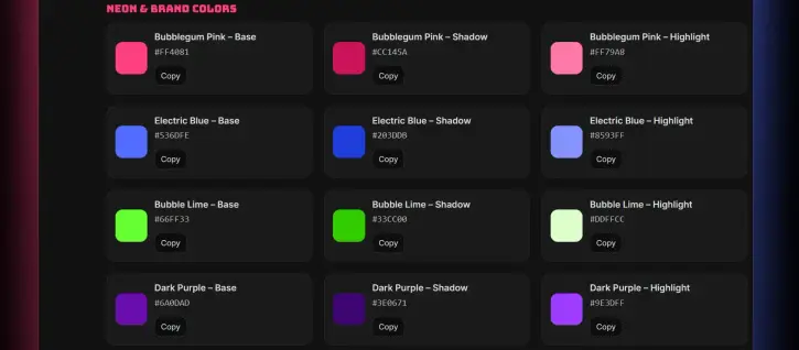 WebP-Grafik mit der offiziellen Neon- und Markenfarbpalette von Nixie & Mina. Enthält Base-, Schatten- und Highlight-Töne von Bubblegum Pink, Electric Blue, Bubble Lime, Dark Purple und Akzent Yellow. Ideal für Branding, UI-Design, Charaktergestaltung und Website-Styling.