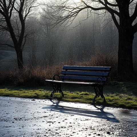 a solitary bench gleaming under a damp, silver sky