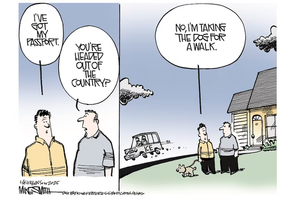 Two neighbors chat in the front yard. One says to the other:

"I've got my passport."

The neighbor asks:

"You're headed out of the country?"

The next panel widens the scope of the scene to reveal a dog on the leash of the neighbor who answers:

"No, I'm taking the dog for a walk."